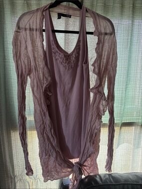 Eileen Fisher Dusty Mauve Sheer Tie-Front Cardigan with Tank